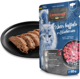 Leonardo cat food package with water buffalo and blueberries flavor on a white background