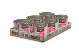 pack of canned pet food in a wooden crate with 'Made in Germany' text on a white background