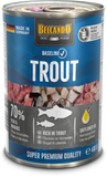 A 400g can of Belcando Baseline Trout dog food, featuring a blue and gray label with a photo of fish and meat pieces, and a silver metal top and bottom.