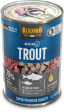 A can of Belcando Baseline Trout dog food, 400g, featuring a blue and gray label with a photo of raw fish and meat, and a silver pull-tab lid.