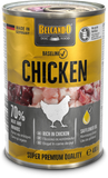 A 400g can of Belcando Baseline Chicken dog food, featuring a yellow and dark gray label with a photo of raw chicken meat and a white chicken silhouette.