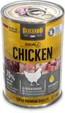 A can of Belcando Baseline Chicken dog food, 400g, featuring a yellow and black label with a photo of raw chicken meat and a white chicken silhouette.