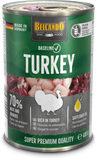 A 400g can of Belcando Baseline Turkey dog food, featuring a green and gray label with a photo of raw turkey meat and a white turkey silhouette.