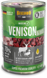 A 400g can of Belcando Baseline Venison & Duck dog food, featuring a green and black label with a photo of raw venison and duck meat, and white text.