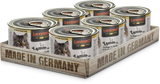 A pack of six cans of LEONARDO Lamb with Poultry & Pumkin cat food, displayed in a wooden tray with 'MADE IN GERMANY' printed on it.