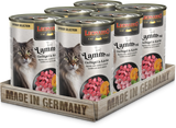 A pack of six cans of LEONARDO Lamb with Poultry & Pumkin cat food, displayed in a wooden tray with 'MADE IN GERMANY' printed on it.