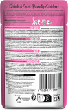 Back view of a pet food package with text and a barcode on a pink background