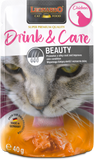 Leonardo cat food pouch with a cat's face on the packaging, featuring text about drink and care for beauty.