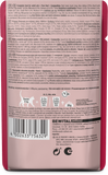 Dog food packaging with text and a barcode on a red background