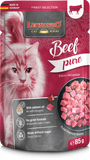 Leonardo Beef Pure cat food package with a cat's face on a red background