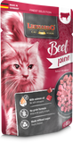 Leonardo cat food package with a cat on the front, featuring beef pure flavor.