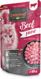 Leonardo Cat Food Beef Pure package with a cat on the left side.