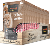 Leonardo cat food packaging with a cat on the front, featuring 'Meat menu' and 'Finest Selection' text.