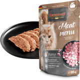Leonardo cat food package with cat food slices on a black plate