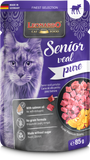 Leonardo Cat Food Senior Veal Pure package with a cat's face and food ingredients on a white background