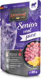 Leonardo Cat Food Senior Veal Pure package with a cat's face on the left side.