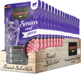 Leonardo cat food packaging for senior cats with a wooden crate on a white background