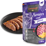 Leonardo cat food package for senior cats with a plate of cat treats on a white background