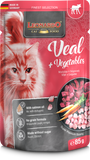 Leonardo cat food package with a red background featuring a cat's face and text about veal and vegetables.