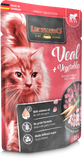 Leonardo cat food package with a cat on the front, featuring veal and vegetables.