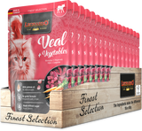 Leonardo cat food packaging with 'Veal + Vegetables' flavor on a wooden stand.