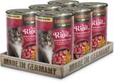 A pack of six LEONARDO Beef with Venison & Sweet Potatoes cat food cans, placed on a wooden tray with 'Made in Germany' printed on it.