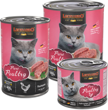Three cans of Leonardo cat food with images of cats and poultry on the packaging.