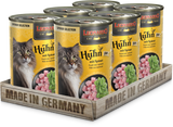 A pack of six cans of LEONARDO chicken cat food with spinach, placed on a wooden tray with 'Made in Germany' printed on it.