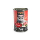 A pack of 6 cans of LEONARDO Rich in Beef cat food, placed in a wooden tray with 'MADE IN GERMANY' printed on it.