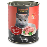 A pack of 6 cans of LEONARDO Rich in Beef cat food, placed in a wooden tray with 'MADE IN GERMANY' printed on it.