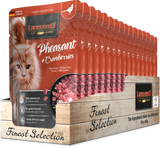 Leonardo cat food packaging with pheasant and cranberries flavor, featuring a wooden crate design.