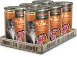A pack of six cans of LEONARDO brand cat food, with each can labeled as containing Duck with Chicken & Carrots. The packaging indicates the product is made in Germany.